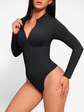 Langärmliger String-Bodysuit mit Reißverschluss - Schwarz